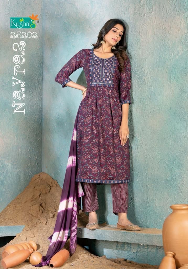 Nayra 2 By Kushals Rayon Printed Naira Cut Kurti With Bottom Dupatta
